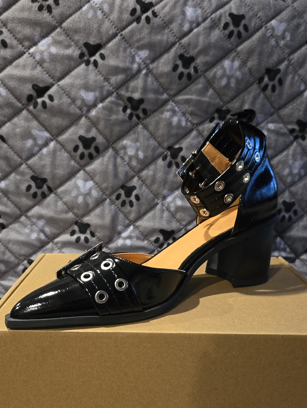 Black Patent Ankle-Strap Block Heel Pumps